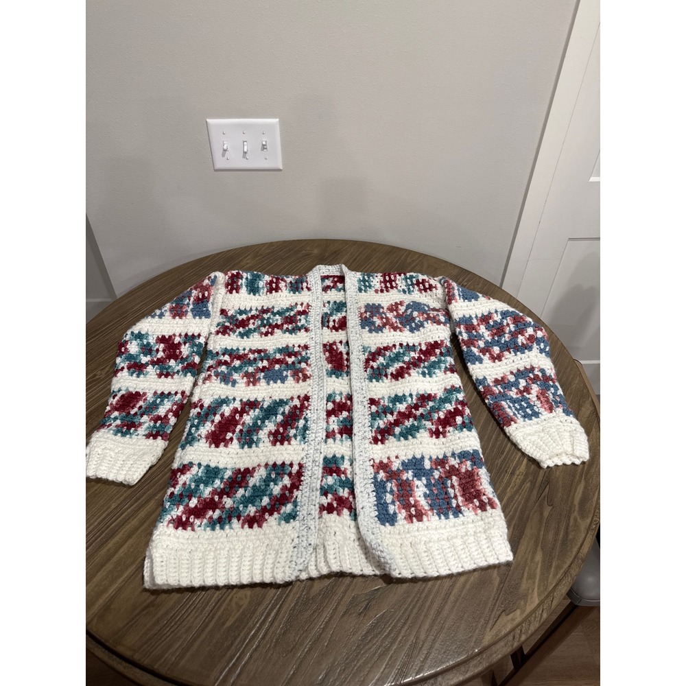 VTG Handmade Crochet Cardigan Women's Medium Multicolor Boho Open Front Sweater